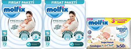Molfix Premium Bebek Bezi Beden:1 (2-5KG) Yeni Doğan 144 Ad Ekonomik Ultra Fırsat Pk + 3 Adet Mendil