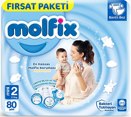 Molfix Bebek Bezi Beden:2 (3-6Kg) Mini 80 Adet Fırsat Pk + 3 Adet Islak Mendil