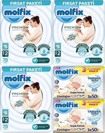 Molfix Premium Bebek Bezi Beden:2 (3-6KG) Mini 210 Adet Aylık Ultra Fırsat Pk + 6 Adet Islak Mendil