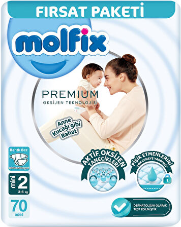 Molfix Premium Bebek Bezi Beden:2 (3-6KG) Mini 210 Adet Aylık Ultra Fırsat Pk + 6 Adet Islak Mendil