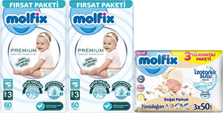 Molfix Premium Bebek Bezi Beden:3 (4-9KG) Midi 120 Adet Fırsat Pk + 3 Adet Islak Mendil