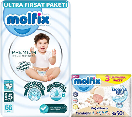 Molfix Premium Bebek Bezi Beden:5 (11-18KG) Junior 66 Adet Ultra Fırsat Pk + 3 Adet Islak Mendil