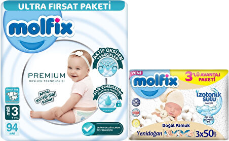 Molfix Premium Bebek Bezi Beden:3 (4-9KG) Midi 94 Adet Ultra Fırsat Pk + 3 Adet Islak Mendil