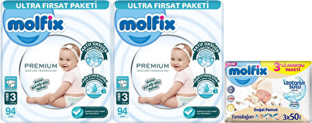 Molfix Premium Bebek Bezi Beden:3 (4-9KG) Midi 188 Adet Ultra Fırsat Pk + 3 Adet Islak Mendil