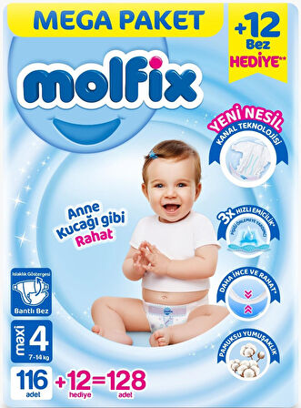 Molfix Bebek Bezi Beden:4 (7-14KG) Maxi 512 Adet Mega Avantaj Fırsat Pk