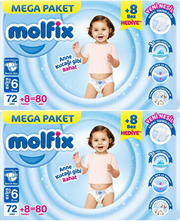 Molfix Bebek Bezi Beden:6 (15+KG) Extra Large 160 Adet Mega Ekonomik Fırsat Pk