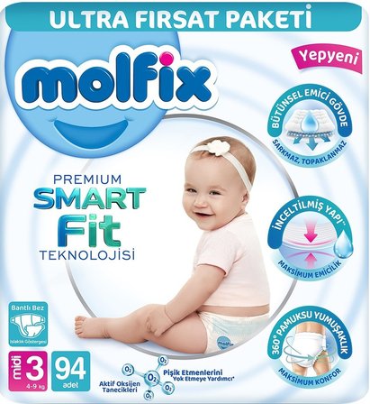Molfix Premium Smart Fit Bebek Bezi 3 Beden 4-9 KG Midi 188 Adet Ekonomik Ultra Fırsat Pk
