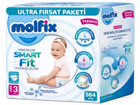 Molfix Premium Smart Fit Bebek Bezi 3 Beden 4-9 KG Midi 564 Adet Ekstra Ultra Fırsat Pk