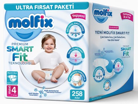 Molfix Premium Smart Fit Bebek Bezi 4 Beden 7-14 KG Maxi 258 Adet Aylık Ultra Fırsat Pk
