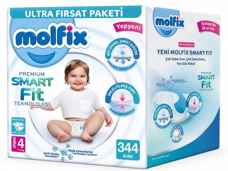 Molfix Premium Smart Fit Bebek Bezi 4 Beden 7-14 KG Maxi 344 Adet Avantaj Ultra Fırsat Pk