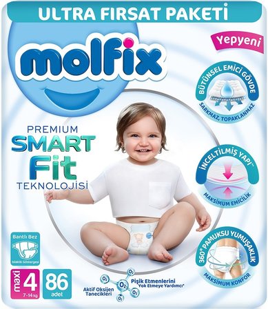 Molfix Premium Smart Fit Bebek Bezi 4 Beden 7-14 KG Maxi 344 Adet Avantaj Ultra Fırsat Pk