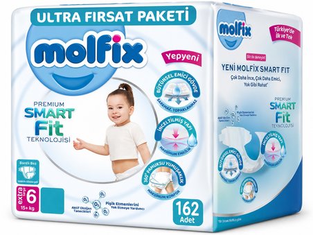 Molfix Premium Smart Fit Bebek Bezi 6 Beden 15+ KG Extra Large 162 Adet Aylık Ultra Fırsat Pk