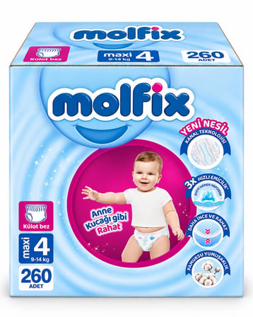 Molfix Külot Bebek Bezi 4 Beden 9-14 KG Maxi 260 Adet Mega Fırsat Pk