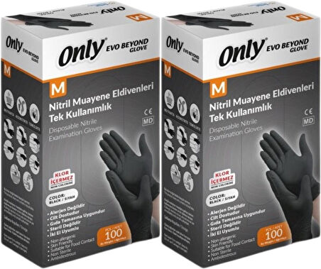 Only Evo Beyond Glove Nitril Siyah Pudrasız Muayene Eldiveni 200 Lü Set M - Medium - Orta (2PK*100)