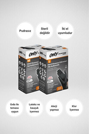 Only Evo Beyond Glove Nitril Siyah Pudrasız Muayene Eldiveni 400 Lü Set M - Medium - Orta (4PK*100)