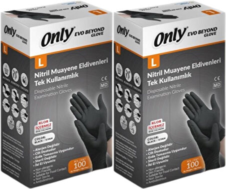 Only Evo Beyond Glove Nitril Siyah Pudrasız Muayene Eldiveni 200 Lü Set L - Large - Büyük (2PK*100)