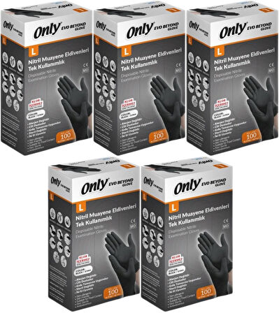 Only Evo Beyond Glove Nitril Siyah Pudrasız Muayene Eldiveni 500 Lü Set L - Large - Büyük (5PK*100)