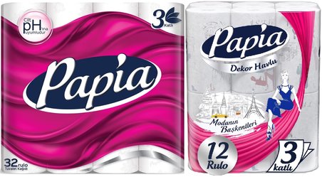 Papia Tuvalet Kağıdı (3 Katlı) 32 Li Pk + 12 Li Paket Kağıt Havlu Decor Desenli (3 Katlı)