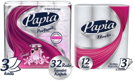 Papia Tuvalet Kağıdı (3 Katlı) 32 Li Pk Egzotik Parfümlü + 12 Li Paket Kağıt Havlu Klasik (3 Katlı)