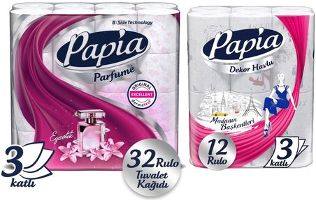 Papia Tuvalet Kağıdı (3 Katlı) 32 Li Pk Egzotik Parfümlü + 12 Li Paket Kağıt Havlu Decor Desenli