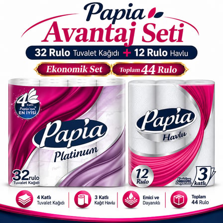 Papia Tuvalet Kağıdı (3 Katlı) 32 Li Pk Platinum + 12 Li Paket Kağıt Havlu Klasik (3 Katlı)