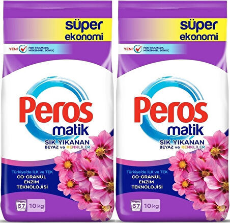 Peros Matik Toz Çamaşır Deterjanı 20KG Yıldız Çiçeği (Beyaz ve Renkliler) (134 Yıkama) (2PK*10KG)