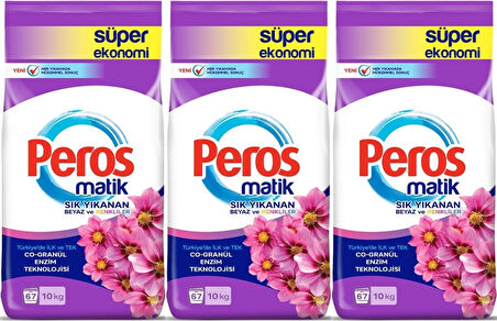 Peros Matik Toz Çamaşır Deterjanı 30KG Yıldız Çiçeği (Beyaz ve Renkliler) (201 Yıkama) (3PK*10KG)