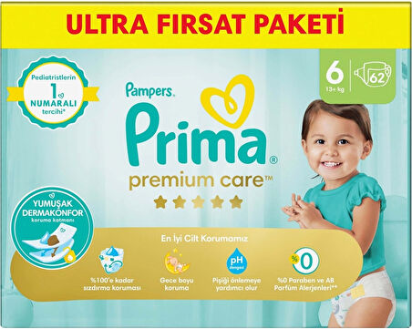 Prima Premium Care Bebek Bezi Beden:6 (13+) Extra Large 124 Adet Mega Fırsat Pk
