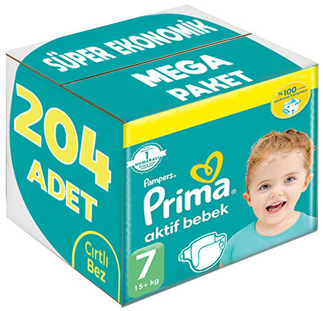 Prima Bebek Bezi Beden:7 (15+Kg) XX Large 204 Adet Süper Ekonomik Mega Pk