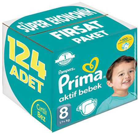 Prima Bebek Bezi Beden:8 (17+Kg) XXX Large 124 Adet Süper Ekonomik Fırsat Pk