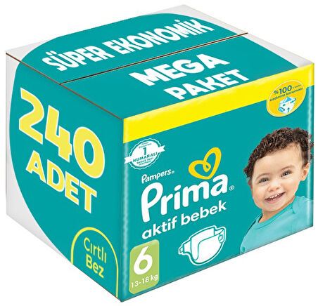 Prima Bebek Bezi Beden:6 (13-18Kg) Extra Large 240 Adet Süper Ekonomik Mega Pk