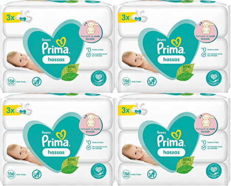 Prima Islak Havlu Mendil Hassas Ciltler İçin Bitki Bazlı Kokusuz (12 Li Set) (4PK*3) 624 Yaprak
