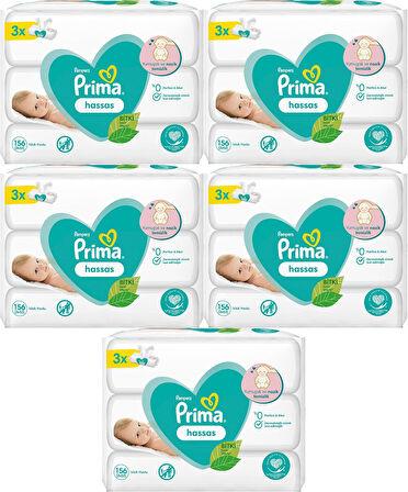 Prima Islak Havlu Mendil Hassas Ciltler İçin Bitki Bazlı Kokusuz (15 Li Set) (5PK*3) 780 Yaprak