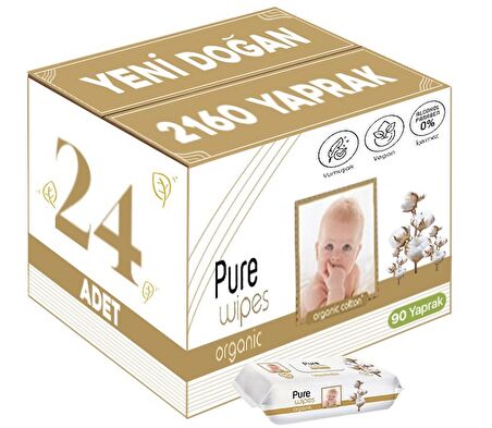 Pure Baby Islak Havlu Mendil 90 Yaprak Yenidoğan Organic Pamuklu (24 Lü Set) 2160 Yaprak Plstk Kapak