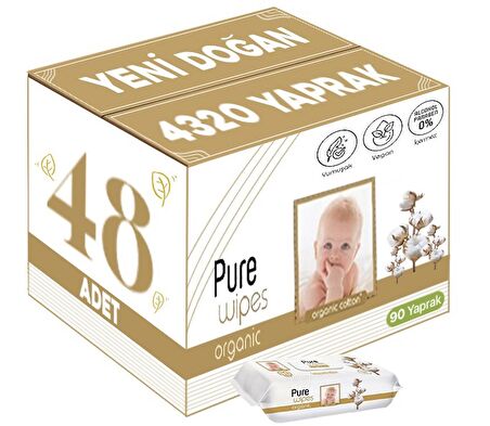 Pure Baby Islak Havlu Mendil 90 Yaprak Yenidoğan Organic Pamuklu (48 Li Set) 4320 Yaprak Plstk Kapak