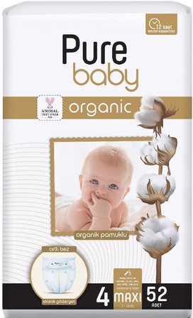 Pure Baby Organik Bebek Bezi 4 Beden 7-16 KG Maxi 104 Adet Ekonomik Fırsat Pk