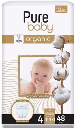 Pure Baby Organik Bebek Bezi 4 Beden 7-16 KG Maxi 144 Adet Aylık Fırsat Pk