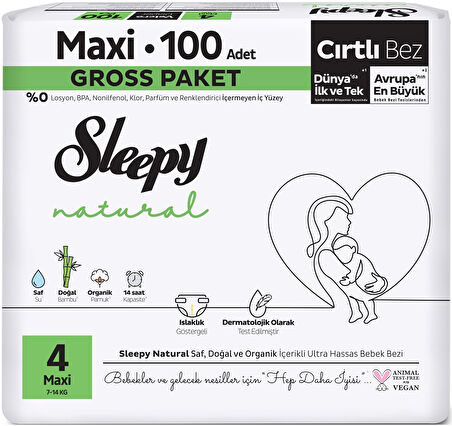 Sleepy Bebek Bezi Natural Beden:4 (7-14KG) Maxi 300 Adet Gross Pk (3PK*100)