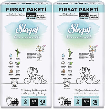 Sleepy Bebek Bezi Bio Natural Beden:2 (3-6KG) Mini 96 Adet Ekonomik Fırsat Pk