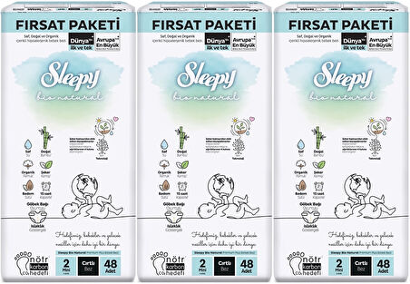 Sleepy Bebek Bezi Bio Natural Beden:2 (3-6KG) Mini 144 Adet Aylık Fırsat Pk