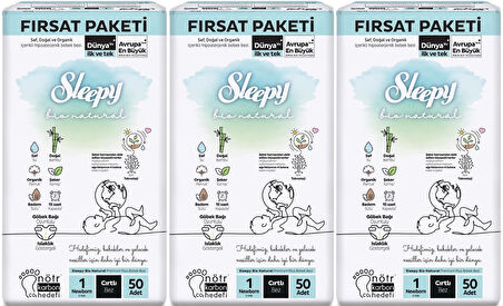 Sleepy Bebek Bezi Bio Natural Beden:1 (2-5KG) Yeni Doğan Newborn 150 Adet Aylık Fırsat Pk