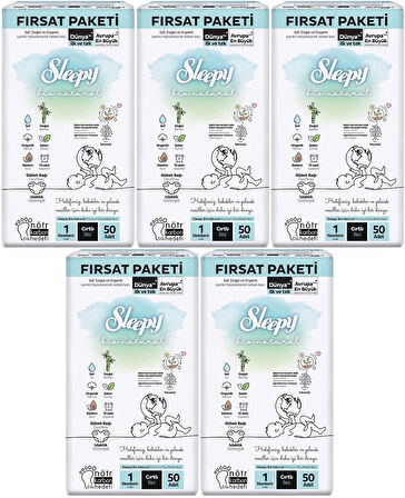 Sleepy Bebek Bezi Bio Natural Beden:1 (2-5KG) Yeni Doğan Newborn 250 Adet Mega Fırsat Pk