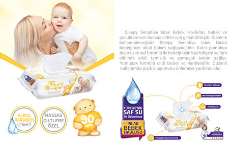 Sleepy Islak Havlu Mendil 90 Yaprak Karma (10 Lu Set) Sensitive & Pamuk-Zeytinyağlı 900 Yaprak