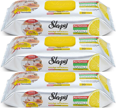 Sleepy Easy Clean Yüzey Temizlik Mutfak Havlusu -Mendili  50 Yaprak Limon Yağlı (3Lü Set) 150 Yaprak