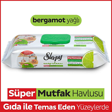 Sleepy Easy Clean Yüzey Temizlik Mutfak Havlusu -Mendili  50 Yaprak Bergomot Yağlı (6Lı Set) 300Yprk