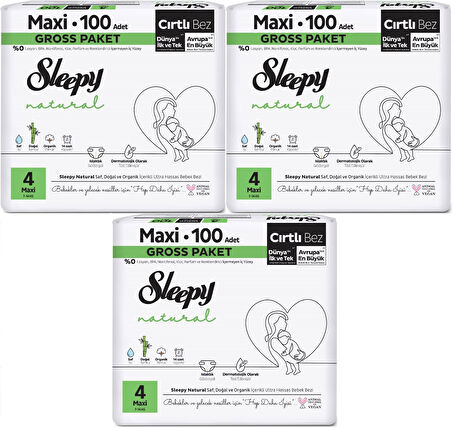 Sleepy Bebek Bezi Natural Beden:4 (7-14KG) Maxi 300 Adet Aylık Ultra Pk