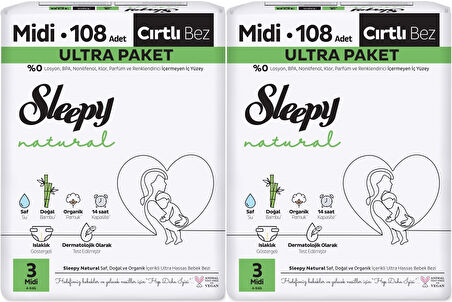 Sleepy Bebek Bezi Natural Beden:3 (4-9KG) Midi 216 Adet Ekonomik Ultra Pk