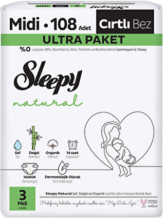 Sleepy Bebek Bezi Natural Beden:3 (4-9KG) Midi 216 Adet Ekonomik Ultra Pk