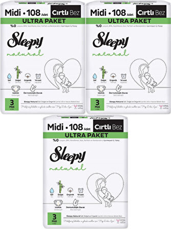 Sleepy Bebek Bezi Natural Beden:3 (4-9KG) Midi 324 Adet Aylık Ultra Pk
