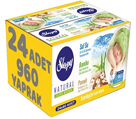 Sleepy Islak Havlu Mendil Pamuklu Yenidoğan Natural Bambu 40 Yaprak 24 Lü Set (960 Yaprak)